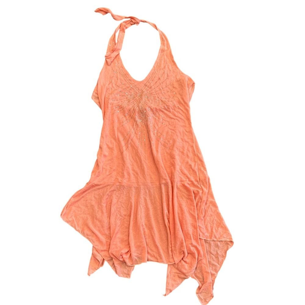 Eyeshadow Coral Halter Top Handkerchief Hem Glitter Graphic Y2K Fairycore XL